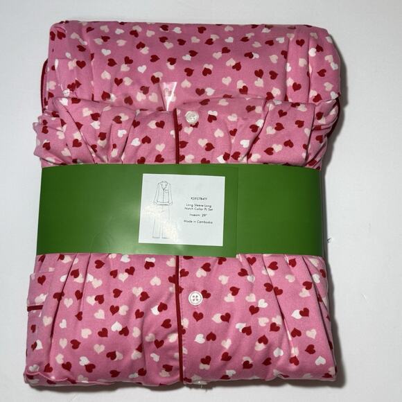 KATE SPADE New York Long Sleeve Notch Collar Pajama Set L Pink Hearts 2pc NEW - Picture 2 of 4